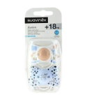 El formato Basic Love Clip de Suavinex 6-18 meses contiene el chupete anatómico de silicona y el broche a juego, la forma anatómica de la tetina imita la succión del pezón materno.