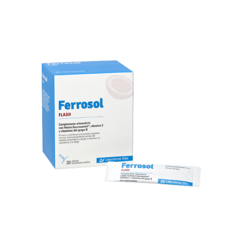 Ferrosol flash es un complemento alimenticio a base de Hierro Sucrosomial, vitamina C y vitaminas del grupo B, útil para el aporte adecuado de dichos nutrientes en casos de ingestas insuficientes o por aumento de las necesidades del organismo.