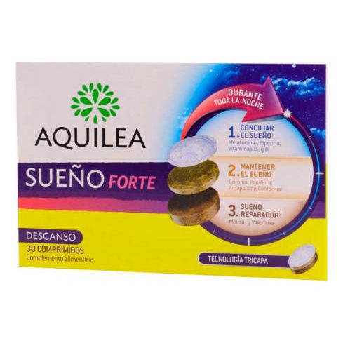 Aquilea Sueño Forte 30 Comprimidos es un producto elaborado con una tecnología tricapa, la primera capa contiene melatonina, vitamina D y B6, es de liberación inmediata y ayuda a conciliar el sueño; la segunda capa contiene pasiflora y amapola, se libera