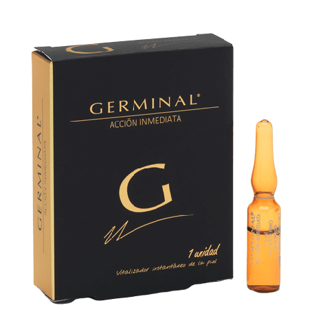 La ampolla Germinal Instant Action 10 es un tratamiento facial que ilumina y nutre instantáneamente la cara y refresca la piel. Está hecho de proteína de maíz, extracto de levadura, hamamelis y ginseng. Puede tensar la piel, nutrir e hidratar profundament