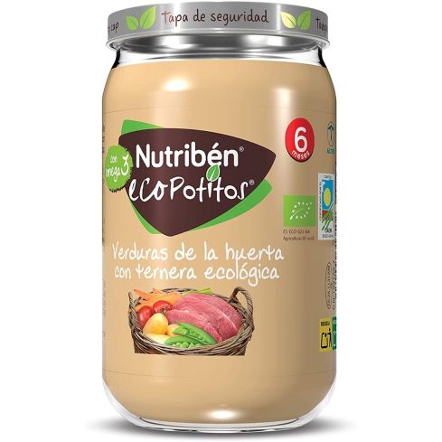 Los potitos® originales son los de Nutribén® Los potitos de jamón y ternera con verduras de Nutribén® están elaborados con ternera, jamón, leche desnatada, zanahoria, guisantes y arroz.  Con el objeto de alimentar a tu bebé a partir de los 6 meses, dentro