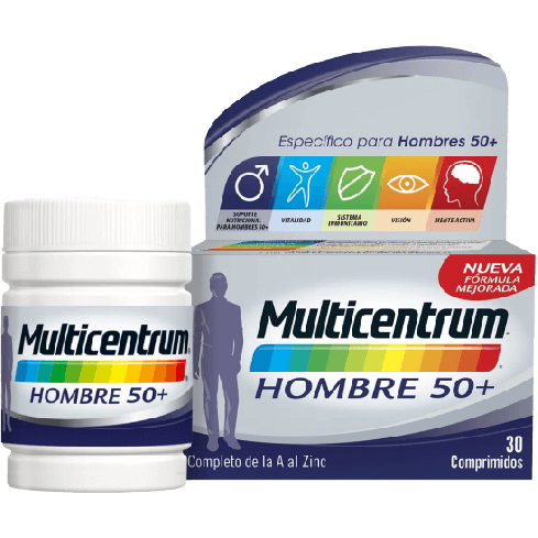 Multicentrum Hombre 50+ es un suplemento nutricional con vitaminas y minerales en una fórmula especialmente equilibrada que complementa las necesidades diarias de los hombres mayores de 50 años.