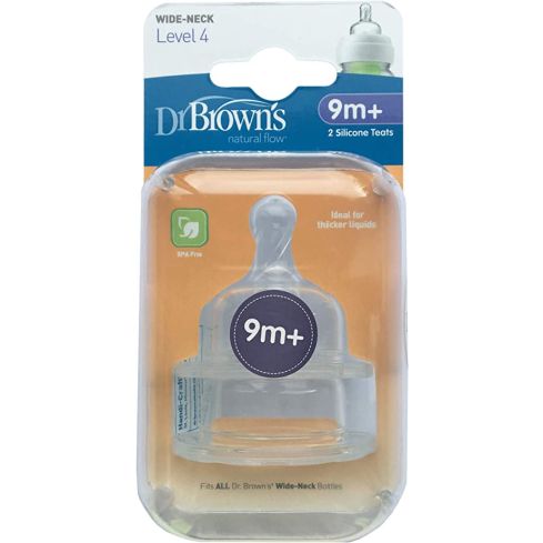 2 tetinas de silicona de boca ancha de recambio exclusivas para biberones del Dr. Browns.
El nivel 4 es para bebes comilones.