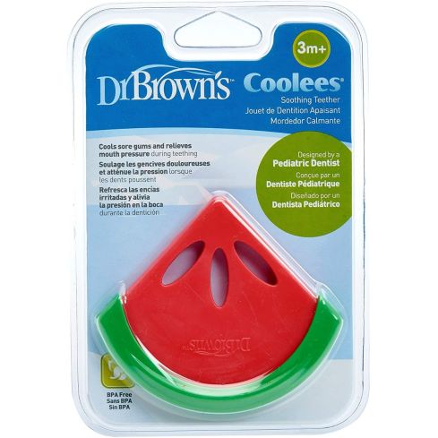 Es un mordedor sólido que se mantiene frío sin estar relleno de líquido. Ofrece un triple alivio contra el dolor: adormece las encías, alivia la presión y distribuye el dolor. Combina tres durezas, la porción de la fruta es blanda para masticarla y alivia