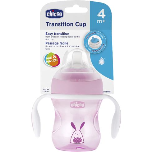 Taza de aprendizaje a partir de 4 meses. La boquilla de silicona suave enseña al bebé a pasar de la tetina de la botella a la primera taza. La boquilla está fuera del centro, lo que permite al bebé adoptar una posición adecuada del cuello al beber. A prue