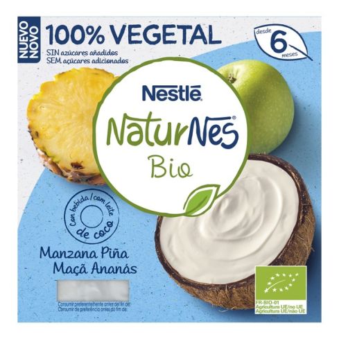 Nestlé NATURNES BIO Tarrina Coco con Manzana y Piña es una tarrina creada por nestle con las mejores frutas Biológicas, que preserva el sabor la calidad y la frescura de sus ingredientes, cuidándolos desde el origen.