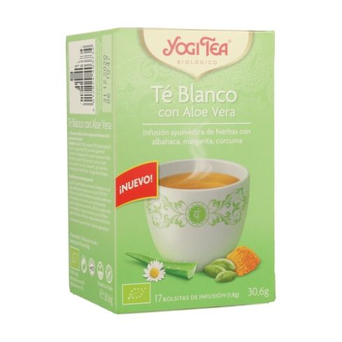 Yogi Tea Té Blanco con Aloe Vera 17 Bolsitas: Infusión ayurvédica de hierbas con albahaca, aloe vera, cúrcuma y flores de manzanilla. Ayuda a cuidar la mente, el cuerpo y el espíritu.