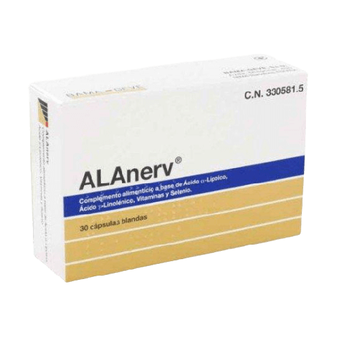 Alanerv 30 Caps. Es un complemento alimenticio a base de ácido α-lipoico, ácido y-linolénico, vitaminas B1, B2, B5, B6, vitamina E y selenio. Este suplemento proporciona la cantidad de antioxidantes necesarios para eliminar el exceso de radicales libres.