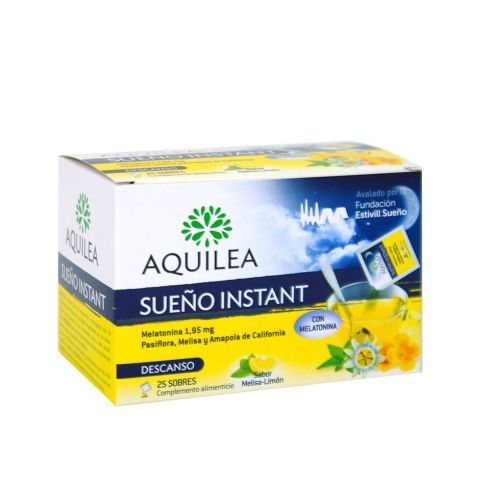 Aquilea sueño instant contiene Melatonina, Melisa que favorece la relajación, Pasiflora para un descanso tranquilo y Amapola de California que contribuye a un sueño reparador.