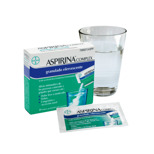 Aspirina Complex es un medicamento de Bayer que se usa para aliviar los síntomas de los resfriados y la gripe. Este formato de aspirina combina ácido acetilsalicílico con fenilefrina y clorfenamina. El ácido acetilsalicílico tiene propiedades antipirética