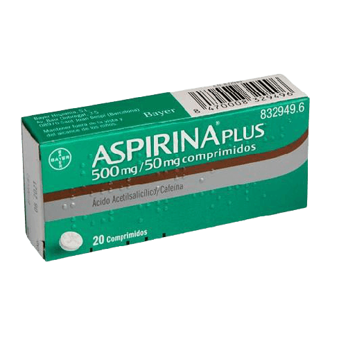 Indicaciones: Aspirina plus 500/50, son tabletas que contienen ácido acetilsalicílico y cafeína como ingredientes activos. El ácido acetilsalicílico alivia el dolor y la fiebre, y la cafeína estimula el sistema nervioso.