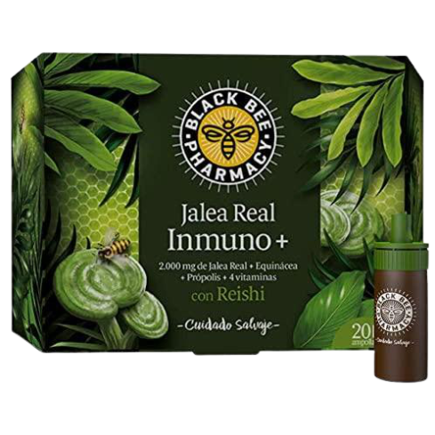 Black Bee Inmuno + es un complemento alimenticio a base de Jalea Real, extracto seco de Equinácea,extracto seco de Acerola (vitamina C), extracto de própolis y extracto seco del hongo Reishi,conocido por sus propiedades moduladoras del sistema inmunitario