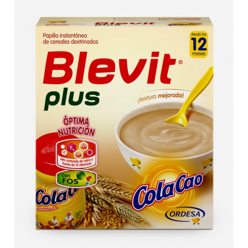 Blevit plus ColaCao®, es una papilla elaborada a partir de la mezcla equilibrada de 5 cereales (trigo, arroz, avena, cebada y centeno) y Cola Cao®, que ayuda a incrementar el valor nutricional y energético de la papilla proporcionando un agradable sabor.