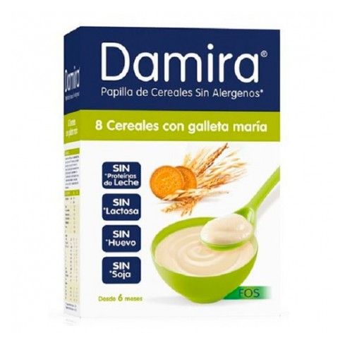 Damira Papilla 8 Cereales con Galleta María es una papilla destinada a bebés desde 6 meses, de cereales sin alérgenos, indicada para aquellos casos en los que se requiera eliminar de la dieta: las Proteínas de la Leche de Vaca, la Lactosa, el Huevo y la S