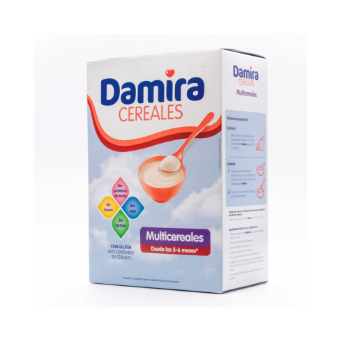 Damira Multicereales 600 g Es una papila para el bebé desde los 5-6 meses, con gluten. Con alto contenido en cereales. 8 cereales.