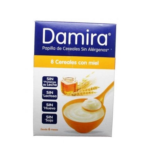 Damira 8 Cereales Con Miel 600 g. Es un papilla de cereales sin alérgenos indicada para aquellos bebés en los que se requiere eliminar de la dieta algún elemento que pueda causar reacción de alergia