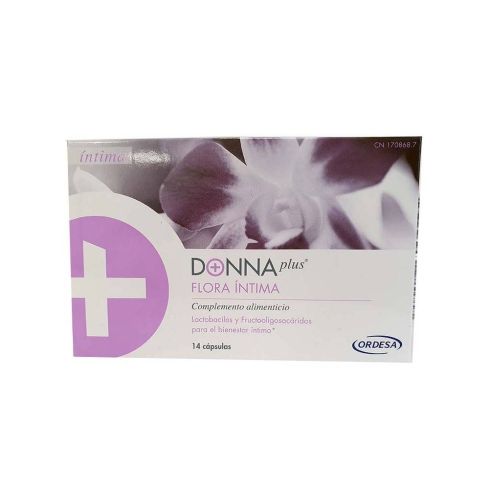 Complemento alimenticio de DonnaPlus+, rico en Lactobacillus y FOS, indicado para el bienestar íntimo y el equilibrio natural de la flora vaginal. Cada cápsula contiene más de 2.500 millones de lactobacilos. 14 cápsulas.