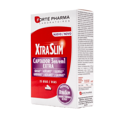 Forte Pharma XtraSlim Captador 3 en 1 es un complemento alimenticio que desarrolla una innovadora fórmula que capta una parte de las grasas de la alimentación, bloquea los azúcares y reduce la absorción de las calorías. Su ingrediente LipoCapt, un compues