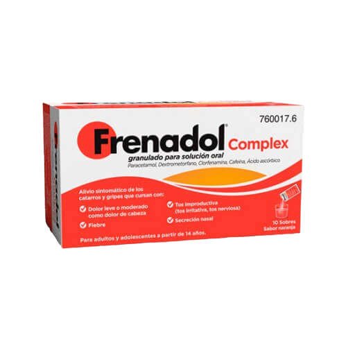 Indicaciones del complejo de frenadol Influenza indicada para adultos y adolescentes mayores de 14 años que padecen los síntomas de la gripe y el resfriado.  Alivia hasta 6 síntomas, como dolor de cabeza leve o moderado, fiebre, secreción nasal, tos irrit