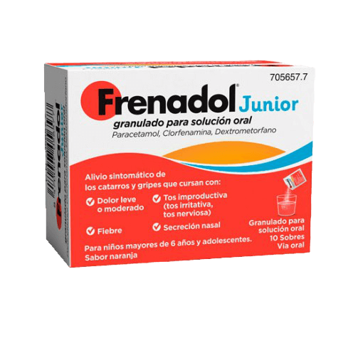 -FRENADOL JUNIOR es una asociación de paracetamol,analgésico que reduce la fiebre y alivia el dolor; dextrometorfano, que es un antitusivo; y clorfenamina, que ayuda a reducir la secreción nasal,el estornudo y lagrimeo ocular.