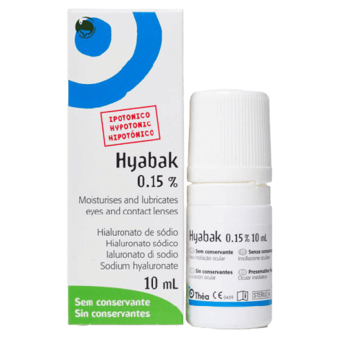 Hyabak son unas gotas para los ojos a base de ácido hialurónico con propiedades lubricantes e hidratantes a corto y medio plazo. Está indicado en el tratamiento del ojo seco causado por condiciones ambientales, sobreexposición a pantallas, aires acondicio