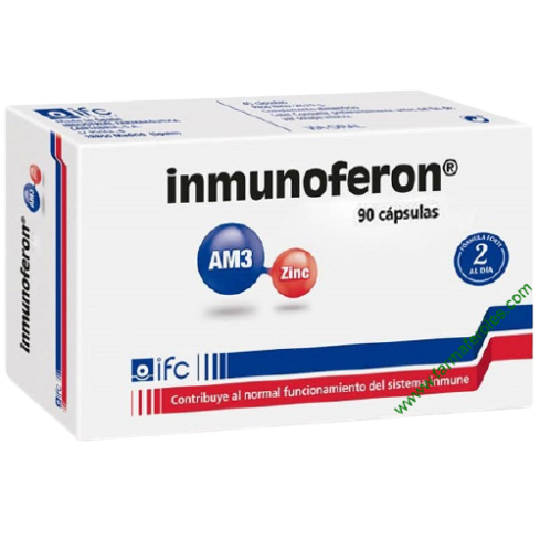 Inmunoferon 90 Cápsulas es una combinación exclusiva de AM3 y Zinc que contribuyen al normal funcionamiento del sistema inmune. Activa y refuerza las defensas del organismo para una sintomatología más leve así como a una rápida recuperación y una menor in
