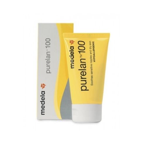 Crema Purelan 100 (37 g.), en blanco y amarillo. Para el cuidado natural de los pezones sensibles.
