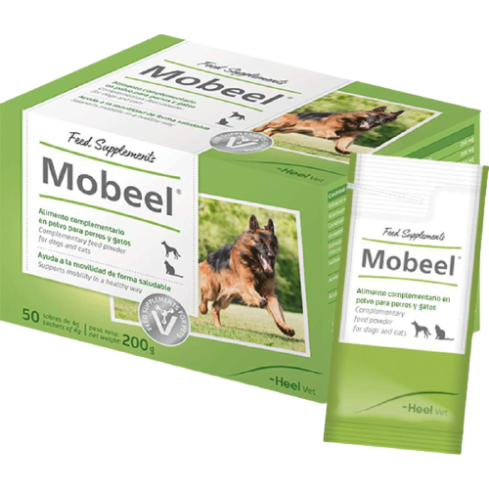 Heel Mobeel es un complemento en formato polvo, que viene presentado en formato de 50 sobres. Es un producto en base polvo dispersable de alta palatabilidad sobre el alimento, asegurando de este modo el cumplimiento terapéutico.