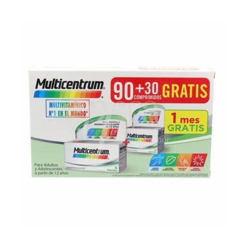 MULTICENTRUM 90+ 30 comprimidos es un complemento alimenticio con vitaminas y minerales que ayuda a cubrir los requerimientos nutricionales de adultos y adolescentes a partir de 12 años. Sin gluten y sin azúcar