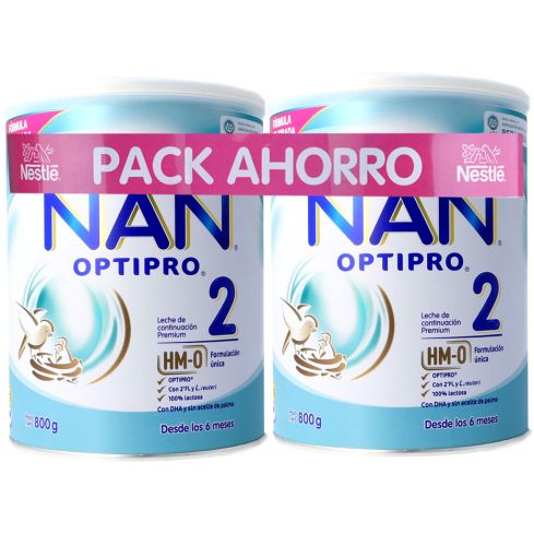 Nan Optipro 2 Pack duplo 800 g. Leche infantil formulada para reforzar el sistema inmunitario de los pequeños. Su fórmula contiene probioticos (L reuteri), Opti-Pro, minerales y vitaminas. Proporciona al cuerpo los nutrientes necesarios y agentes inmunita