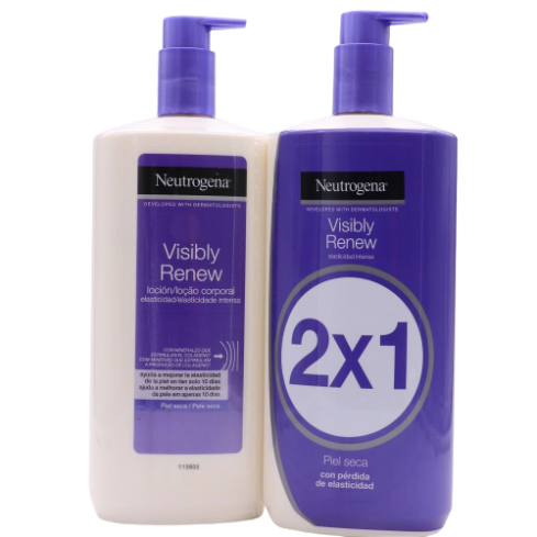 Neutrogena Visibly Renew Loción Corporal Elasticidad Intensa 750 ml. Loción corporal que ayuda a recuperar la elasticidad de tu piel en diez días. Su fórmula única combina la hidratación profunda de la Fórmula Noruega con minerales activos que ayudan a es
