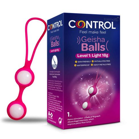 CONTROL GEISHA BALLS LEVEL 1 LIGHT es un dispositivo que ayuda a fortalecer el suelo pélvico, evitando pérdidas de orina y mejorando la vida íntima de las personas con vagina. Incluye 2 bolas de 18gr cada una para la práctica regular de ejercicios dirigid