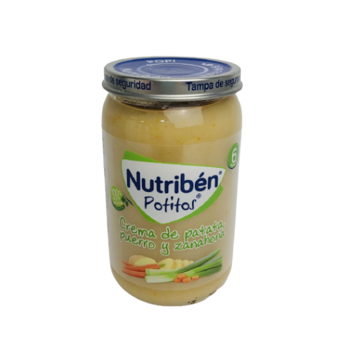 Los potitos® Nutribén® Patata, puerro y zanahoria, a base de puerro, zanahoria, arroz y patata, están elaborados para alimentar a tu bebé a partir de los 6 meses, dentro de una dieta variada.