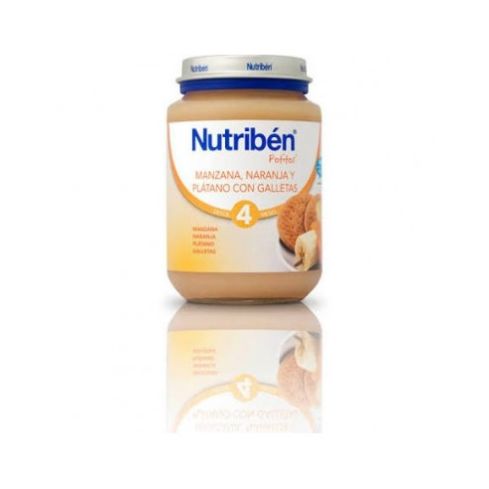 Nutribén® Manzana, naranja y plátano con galletas es un alimento infantil destinado para niños a partir del 4º mes. Alimento infantil. Sin gluten. Sin huevo, ni conservantes ni colorantes. Sin leche. Sin aromas ni especias.