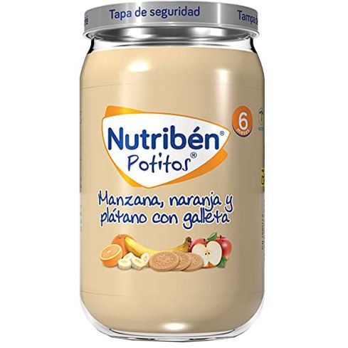 Nutribén® Manzana, naranja y plátano con galletas es un alimento infantil destinado para niños a partir del 4º mes.Alimento infantil. Sin gluten. Sin huevo, ni conservantes ni colorantes. Sin leche. Sin aromas ni especias.