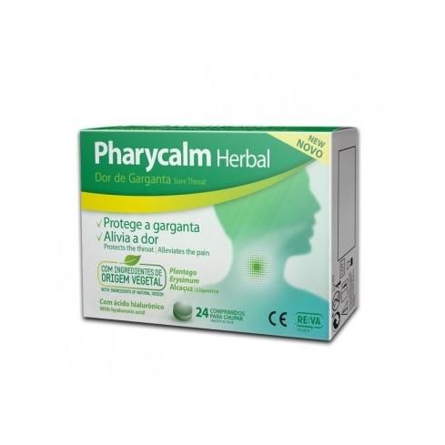 Pharycalm Herbal 24 tabletas. Son tabletas que protegen la garganta y alivian el dolor. Su fórmula contiene Plantago major, Erysimum officinalis y Regaliz.
