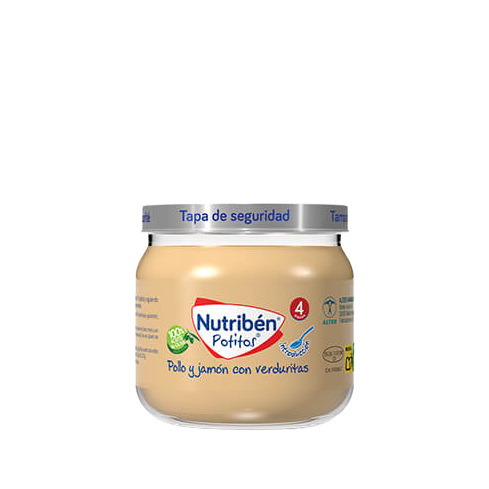 Los potitos Nutribén pollo y jamón con verduras, a base de pollo, jamón, zanahoria, arroz y guisantes, están elaborados para alimentar a tu bebé a partir de los 4 meses, dentro de una dieta variada.