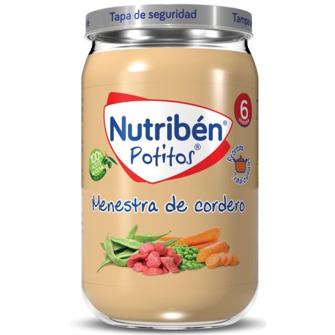 ¡Los únicos potitos® son los de Nutribén®! Los potitos® Nutribén® Receta Tradicional Menestra de Cordero, a base de zanahoria, arroz y guisantes, han sido elaborados para tu bebé a partir de los 6 meses, acorde con las recomendaciones pediátricas y dentro