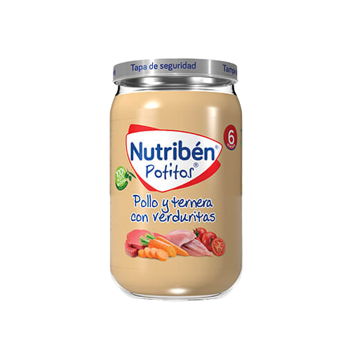 ¡Los potitos Nutribén® son los potitos® originales! Los potitos® Nutribén® de pollo y ternera con verduritas, están elaborados a base de pollo, ternera, tomate, patata, zanahoria y arroz, para alimentar a tu bebé a partir de los 6 meses, dentro de una die