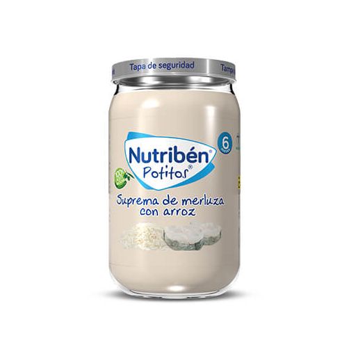 ¡Los potitos® originales son los de Nutribén®! Los potitos® Nutribén® Merluza con arroz, están elaborados para tu bebé a partir de los 6 meses, dentro de una dieta variada.