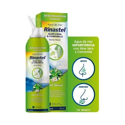 Rinastel Aloe Vera & Camomila Spray Nasal 125 Ml es una solución hipertónica de Agua de Mar 100% natural que contiene extractos acuosos de Aloe Vera y Camomila.