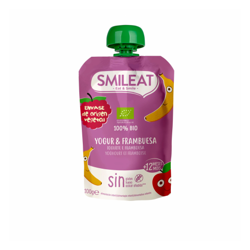 Delicioso puré de yogur y frambuesa 100% ecológico sin azúcares añadidos ideal para los bebés a partir de 1 año de edad. Ideal como merienda para tu peque.