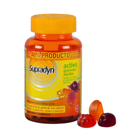 Supradyn Activo Adultos Gummies 50 Caramelos de Goma. Es una nueva y deliciosa forma de tomar vitaminas. Es un complemento a tu dieta habitual para ayudar a mantener la energía y vitalidad todo el día. Gracias a las vitaminas A, B, C y D y a la Coenzima Q