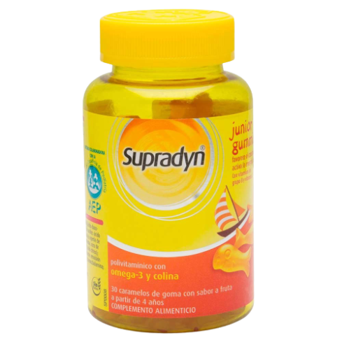 Supradyn® Junior Gummies es el nuevo complemento vitamínico de Bayer indicado a partir de los 4 años, que facilita el crecimiento físico e intelectual.
Gracias a su composición con Colina, DHA (Omega 3) y Vitaminas C, B6, B12 y Niacina, contribuye a un