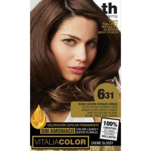 TH Pharma V-Color Tinte Nº 6.31 Sin Amoniaco Rubio Oscuro Dorado Ceniza se trata de una solución en tinte elaborada con activos regeneradores del cabello como el aceite de lino. Esto lo consigue sin necesidad de introducir en su composición amoniaco o sus