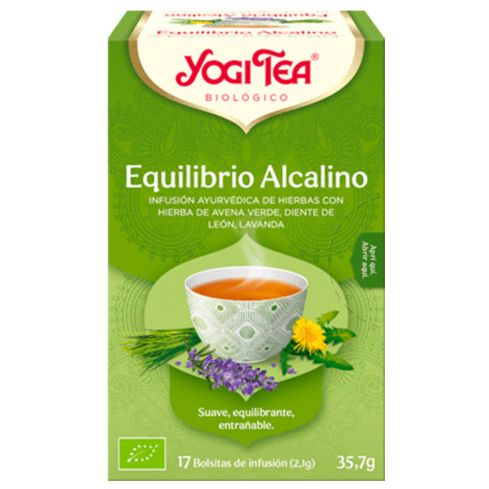 La infusión Equilibrio Alcalino de Yogi Tea es una infusión ayurvédica de hierbas con hierba de avena verde, diente de león y lavanda.